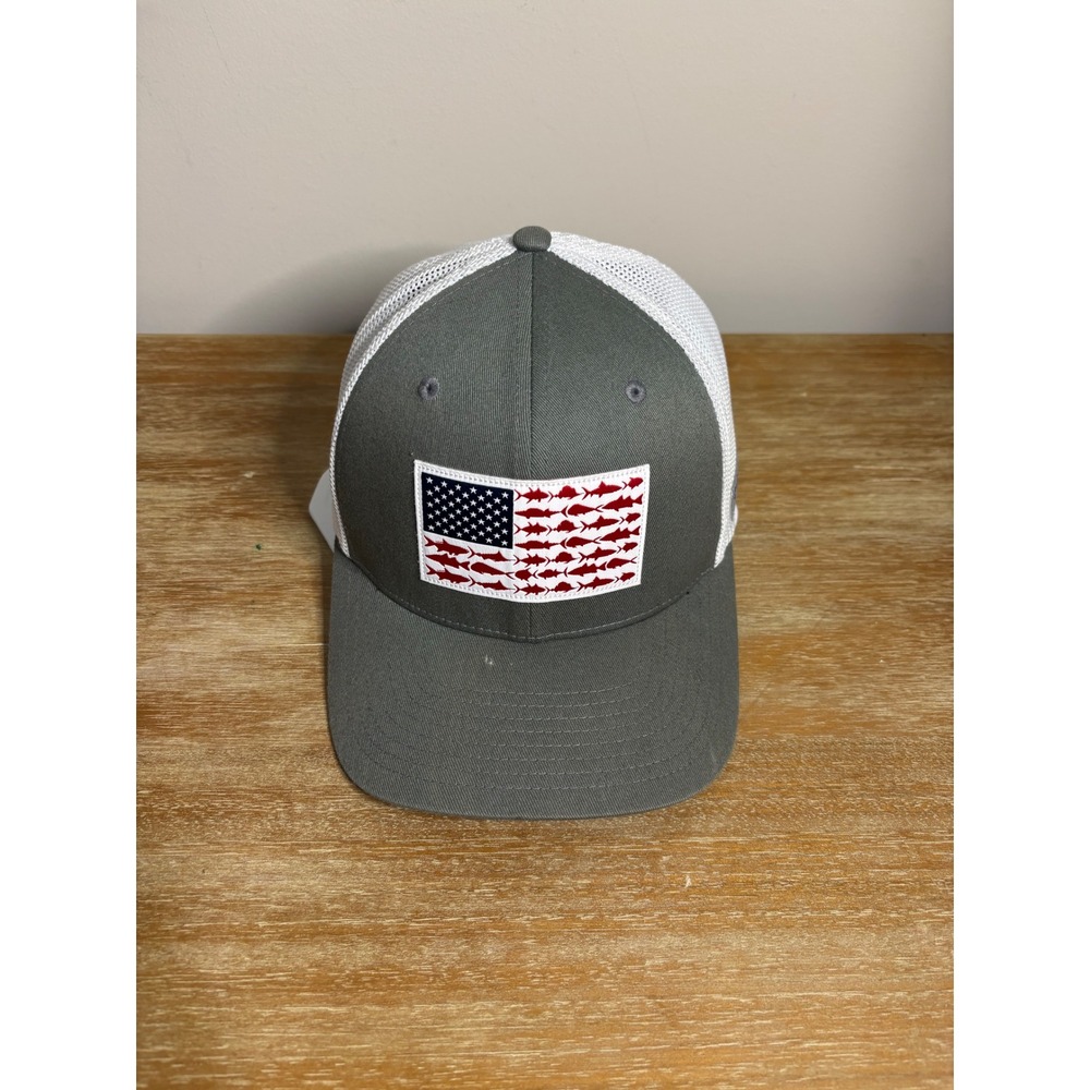 Columbia PFG Mesh Fish Flag Snapback Hat Grey White Trucker Cap CU0117 SM